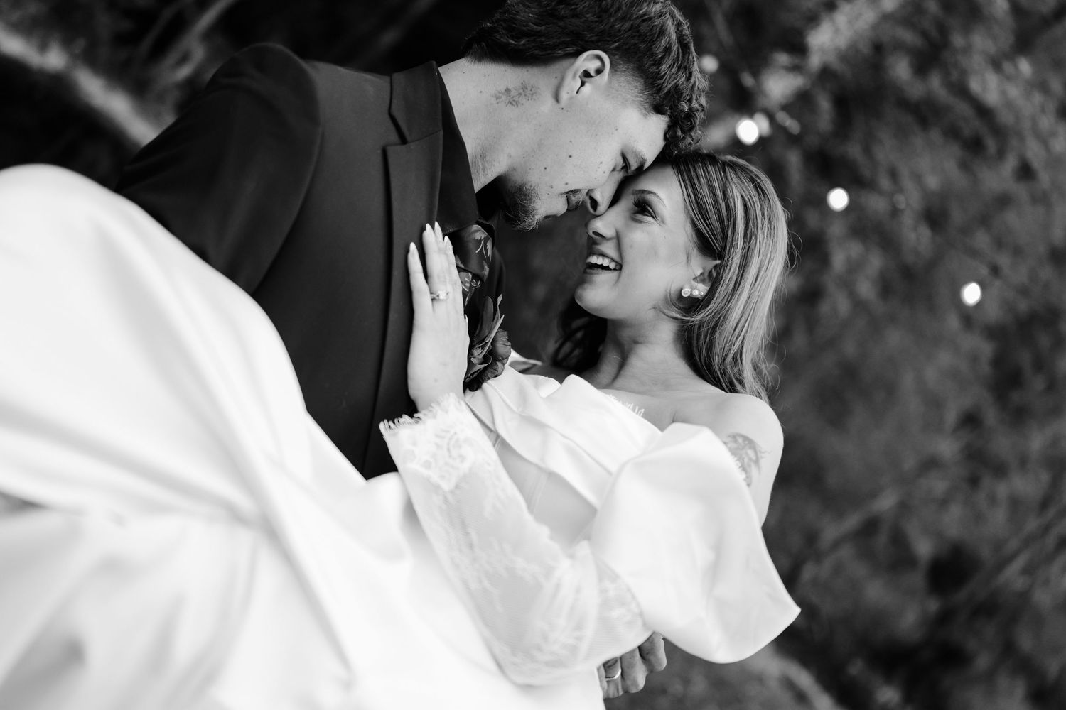 Black-and-white wedding portrait of newlyweds at The Pearl of the Valley in Sevierville, TN