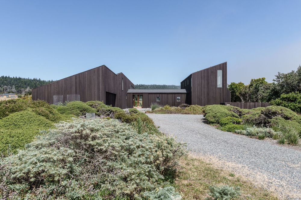 Modern dark wood barn-style home with gravel driveway surrounded by native shrubs under a clear blue sky.