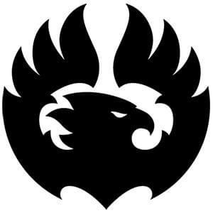 Bold black eagle emblem logo with spread wings and fierce expression on white background.