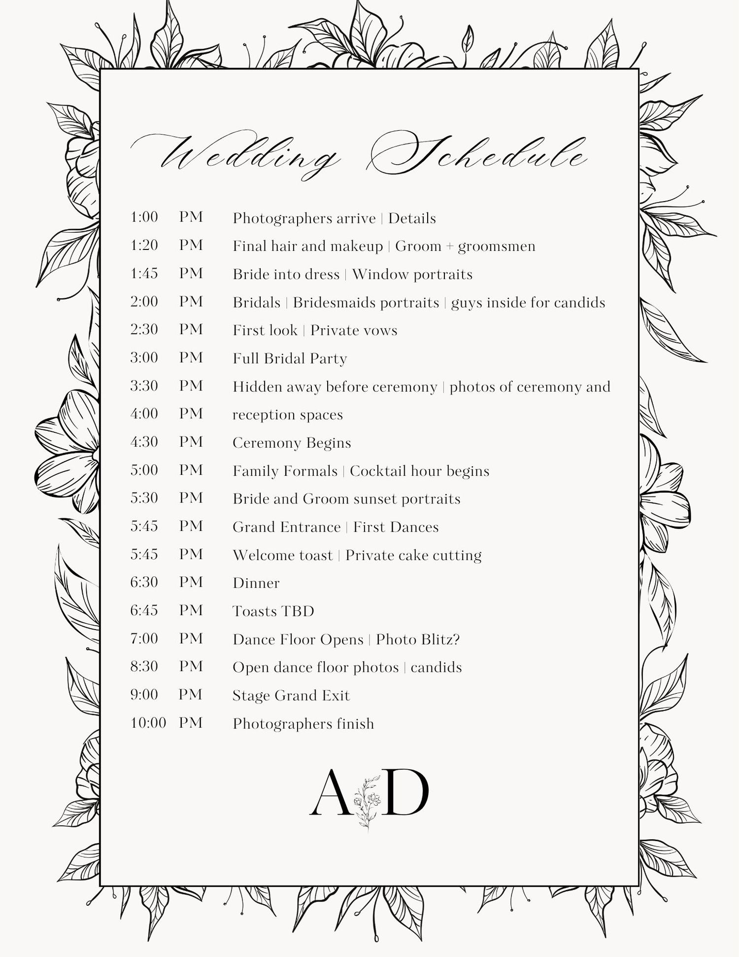 Elegant bride wedding schedule card with floral border detailing timeline from 12:00 PM to 10:00 PM for a garden ceremony.