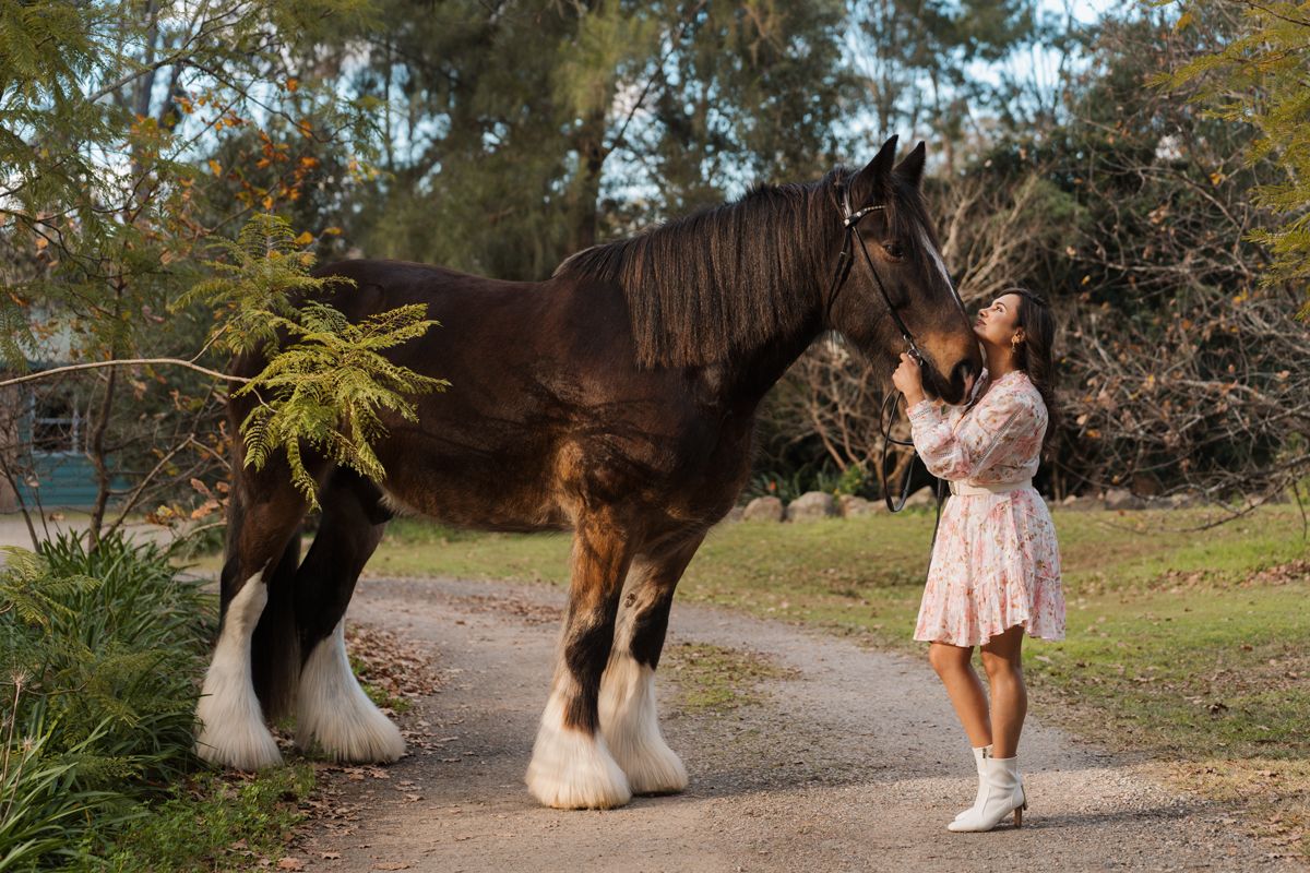 Woman in floral dress tenderly interacting with a large dark brown Shire horse on a tree-lined dirt path during a photoshoot with a horse