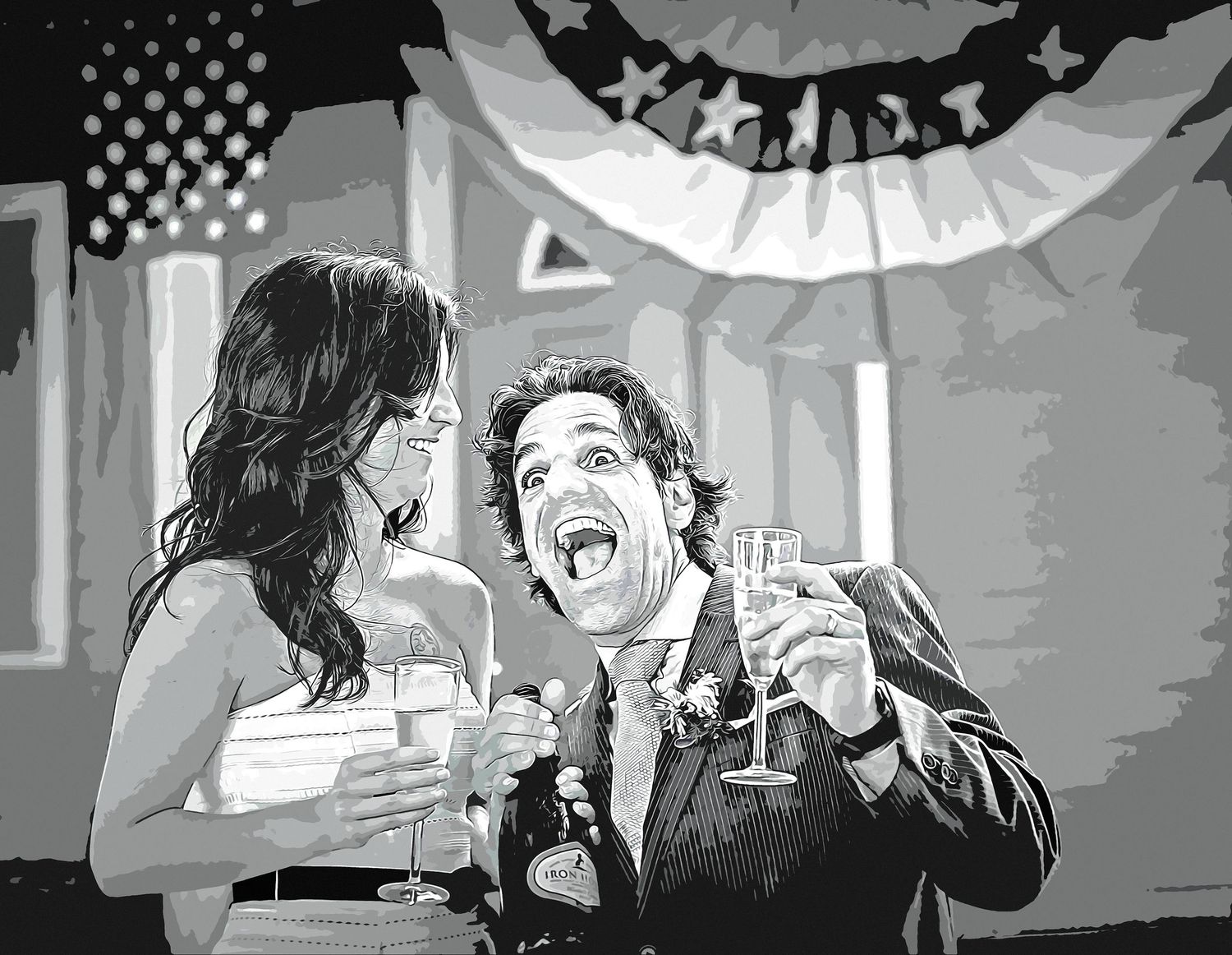 A joyful couple celebrating at a patriotic event, laughing and toasting with champagne glasses.