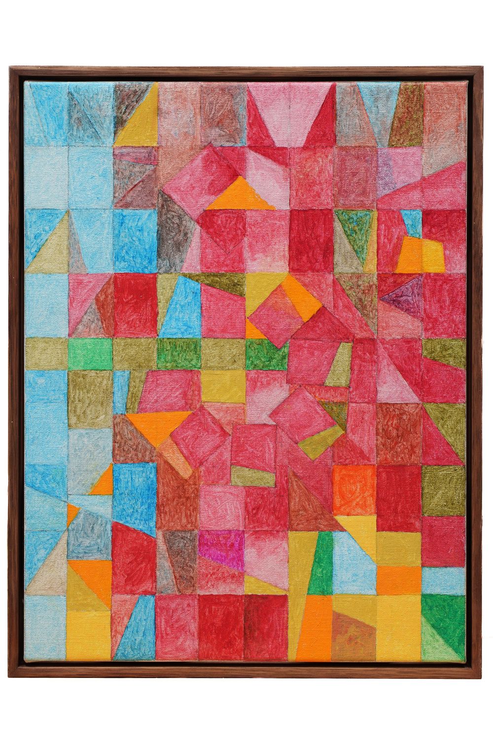 Colorful abstract painting with geometric shapes in red, blue, orange, and green arranged in a mosaic pattern, framed in wood.