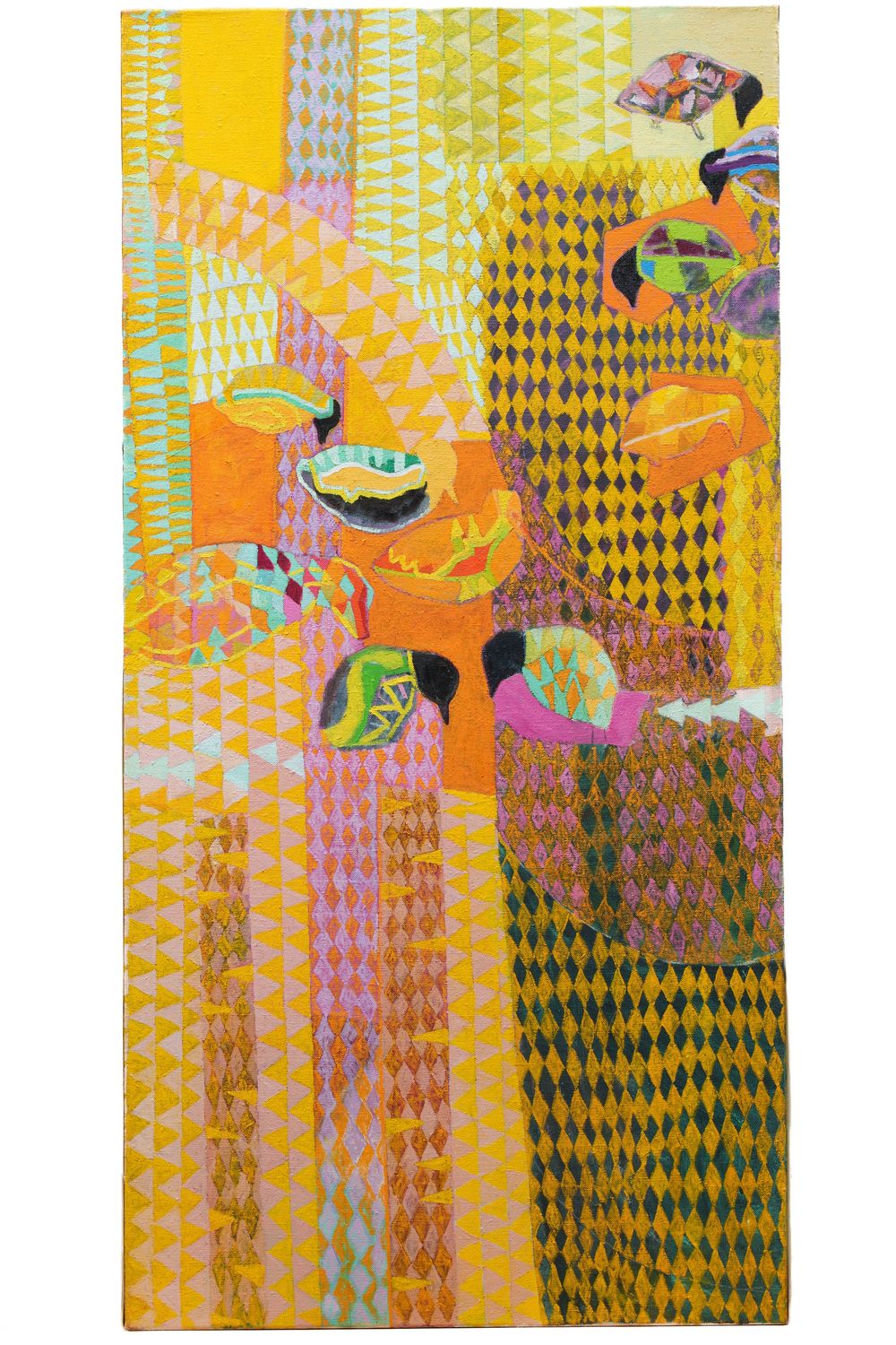 Abstract painting with vibrant yellow, pink, and orange geometric patterns featuring diamond shapes and tropical bird motifs.