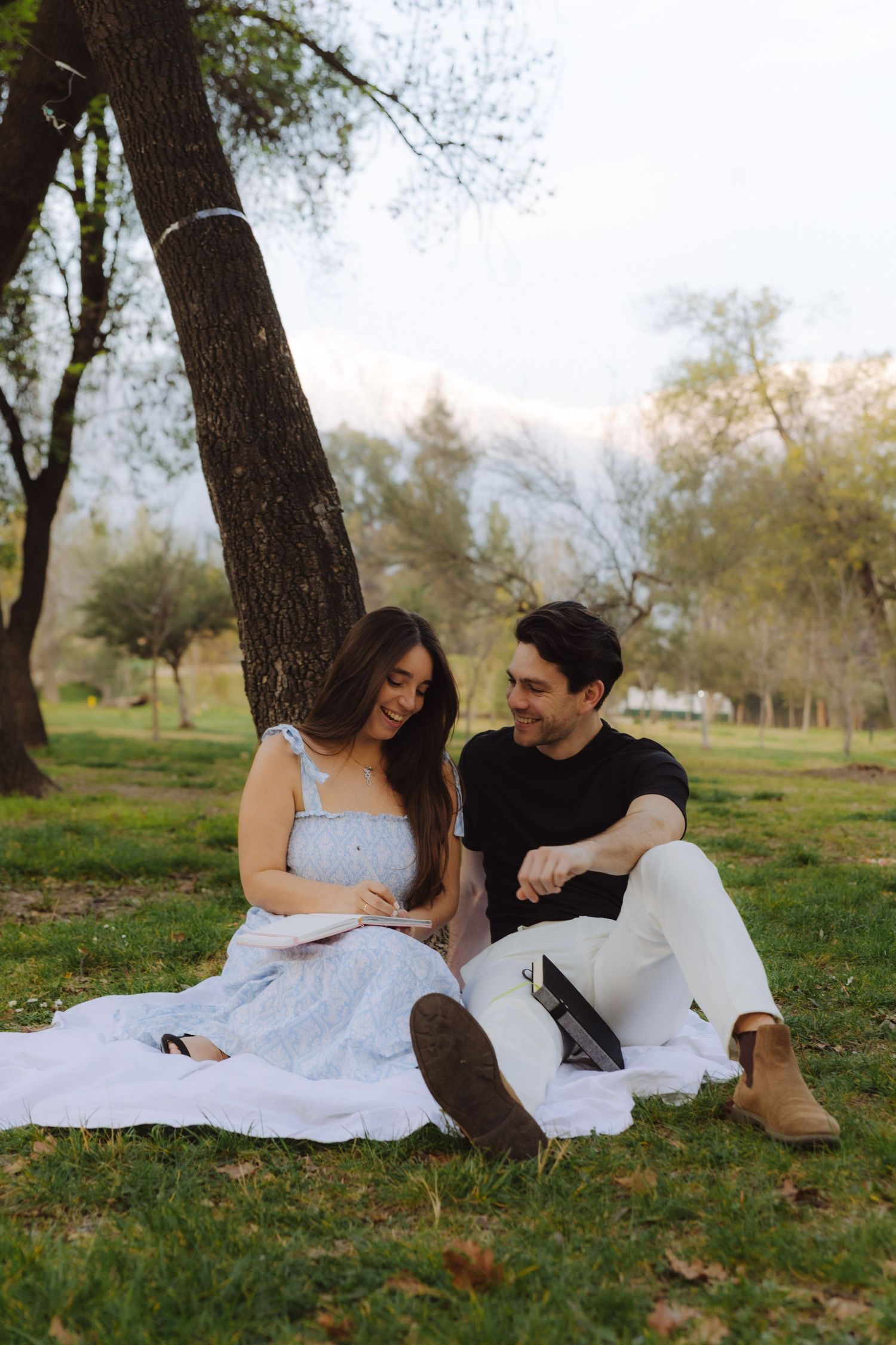 Smiling couple relaxing on a white blanket under a tree in a lush green park.