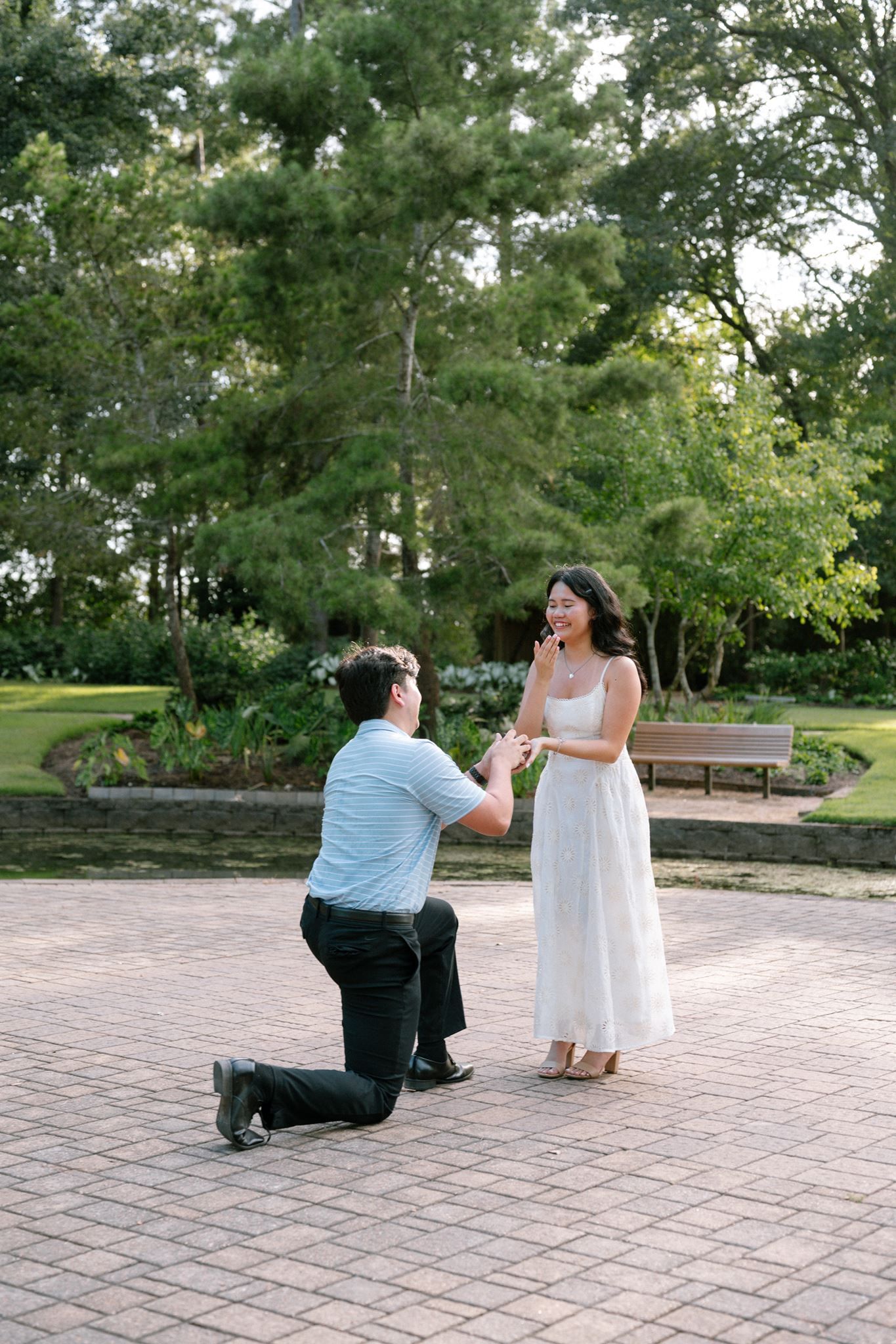 Man kneeling on one knee proposing to woman at Mercer Botanic Gardens in Spring, Texas