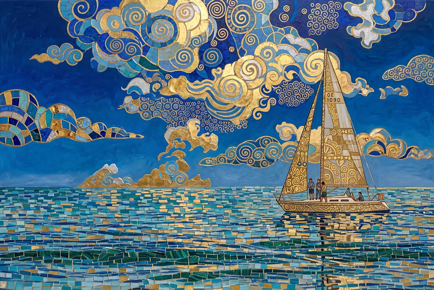 Stylized painting of a red and white lighthouse on rocky shore with bold blue and white wave patterns in the sky.