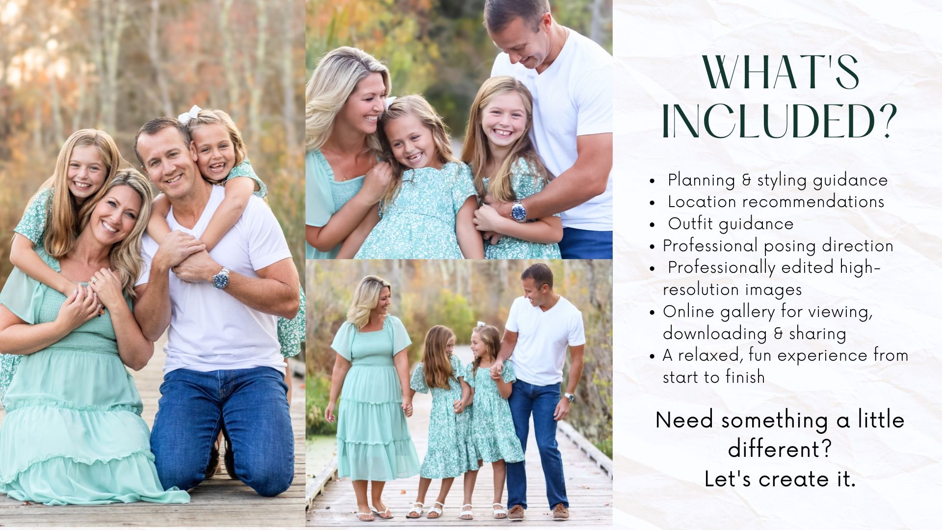 A joyful family in matching mint outfits poses outdoors beside a photography session services infographic.
