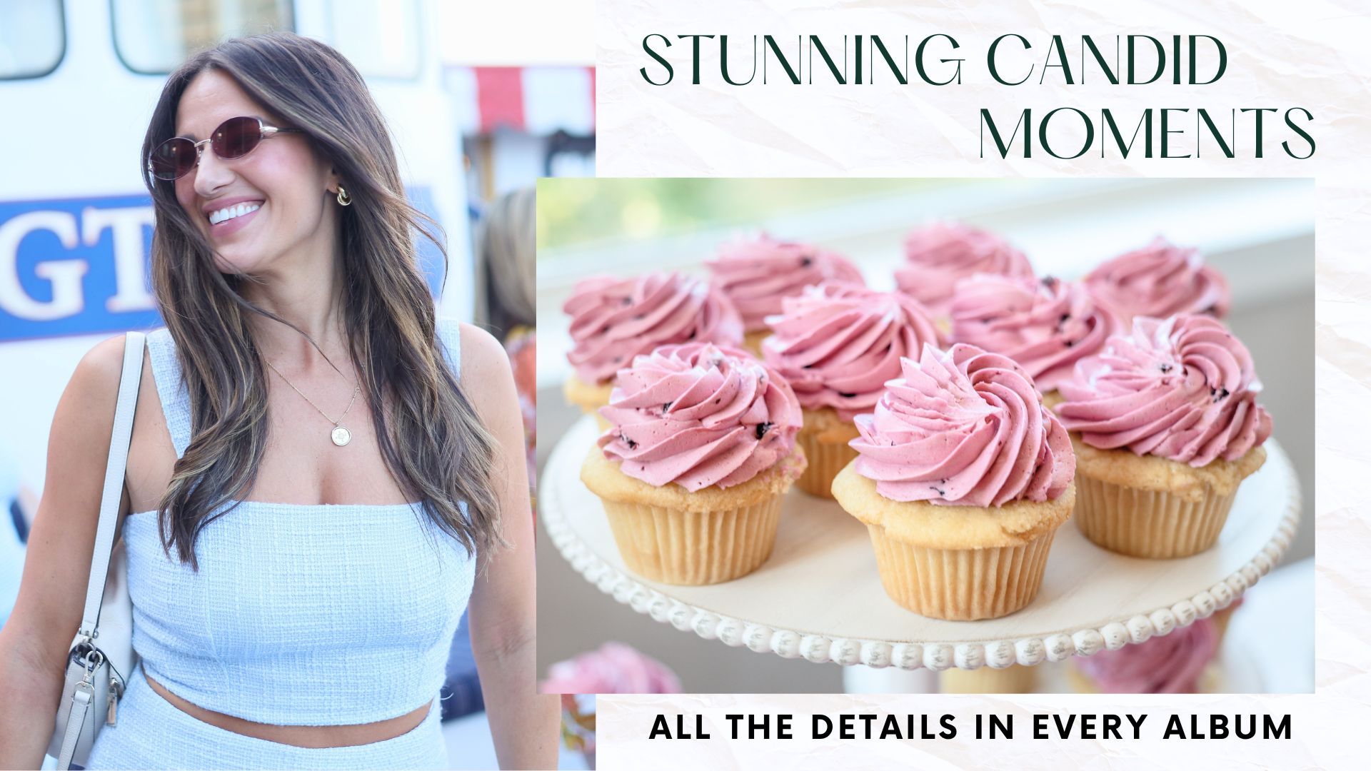 A woman with long brown hair smiles in a white crop top beside pink frosted cupcakes on a plate.