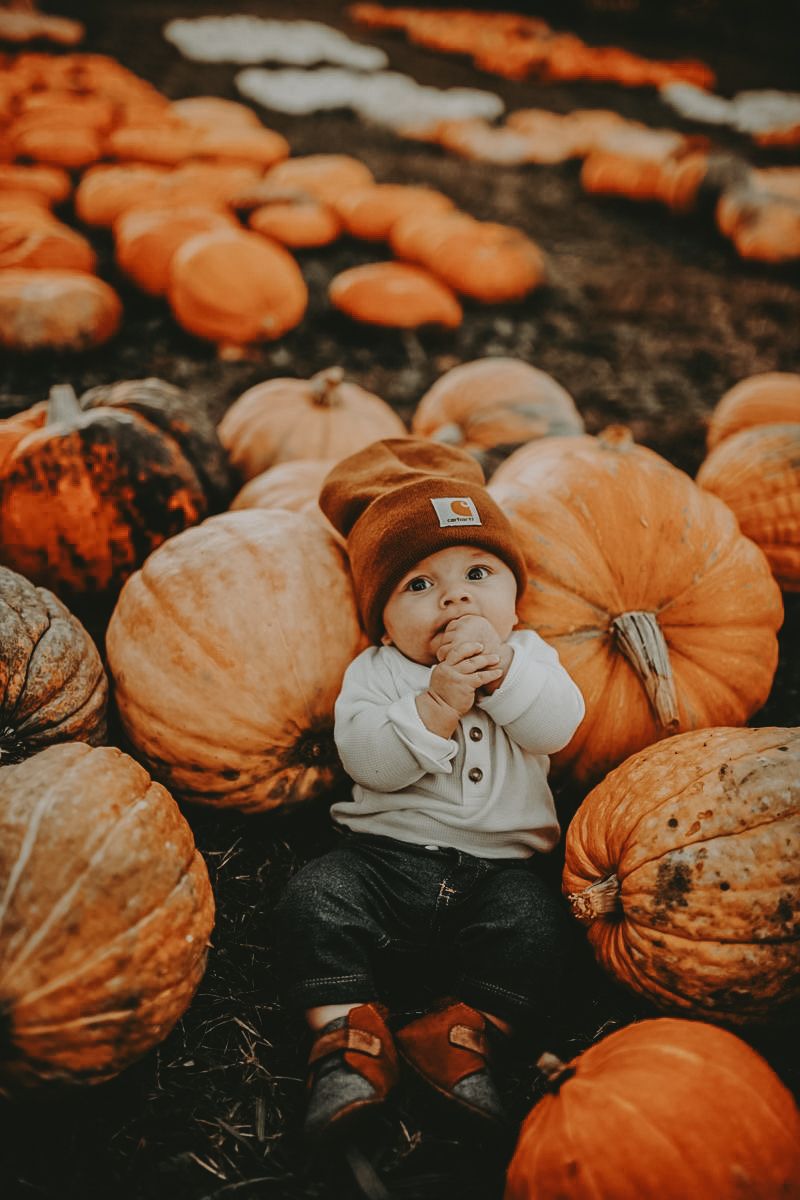 Adorable baby in a brown Carhartt beanie sits among large orange pumpkins at a fall pumpkin patch.