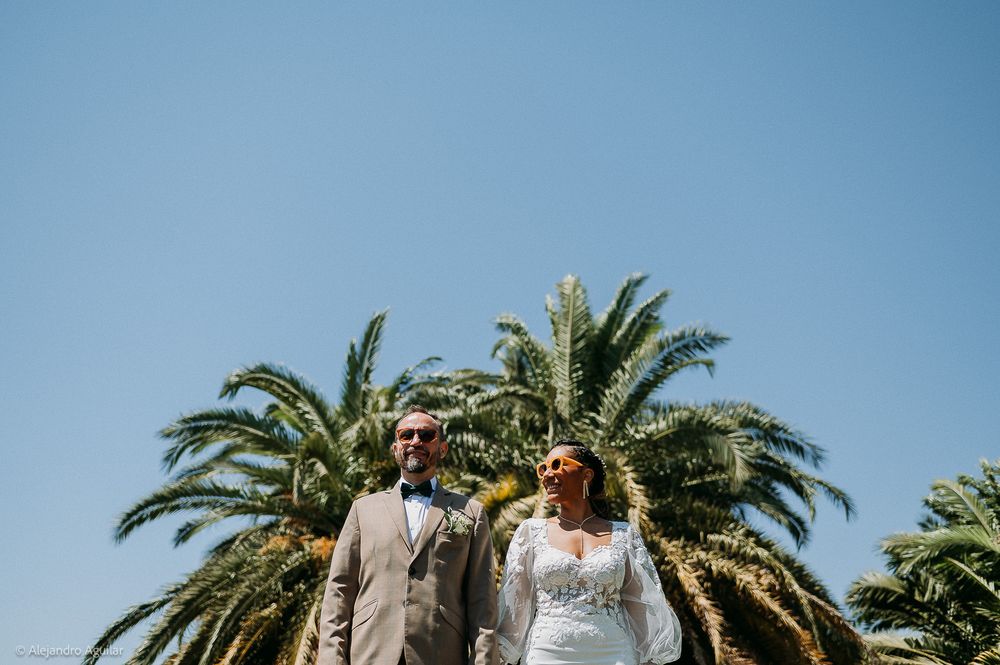 Bride and groom standing beneath lush palm trees against a clear blue sky on their wedding day.