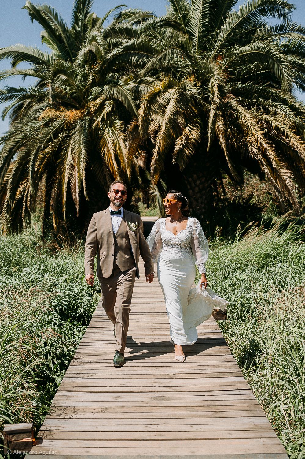 Bride and groom walk hand-in-hand on a wooden boardwalk surrounded by lush greenery and tall palm trees.