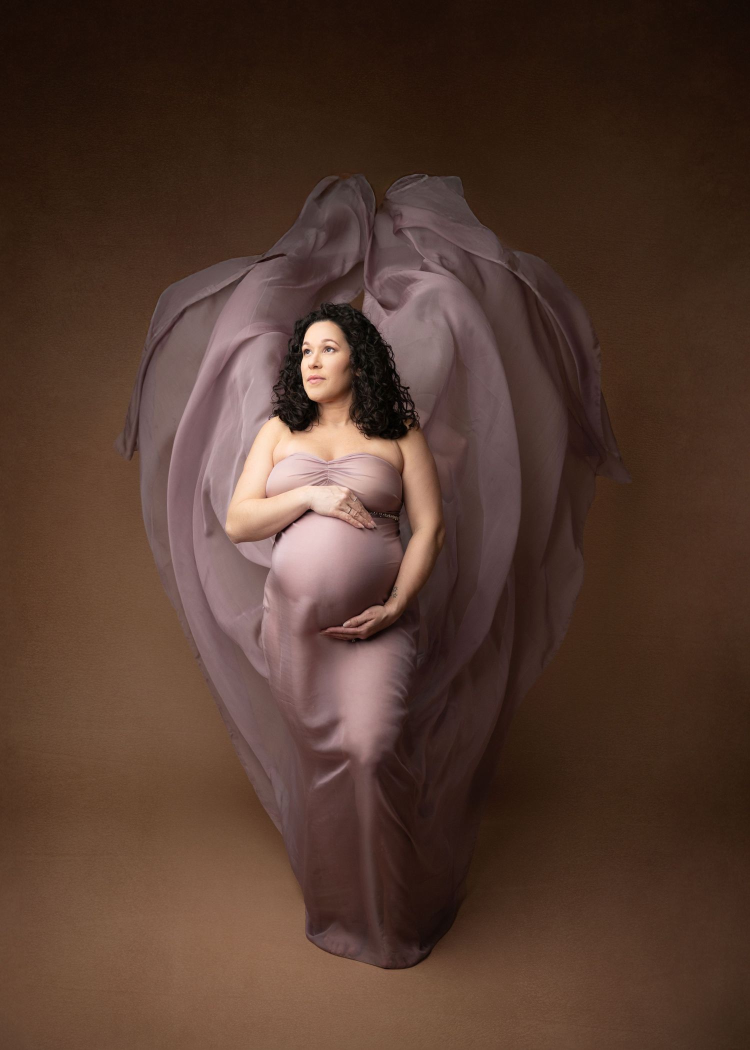 purple flowing fabric behind mama in Studio in Linden, NJ