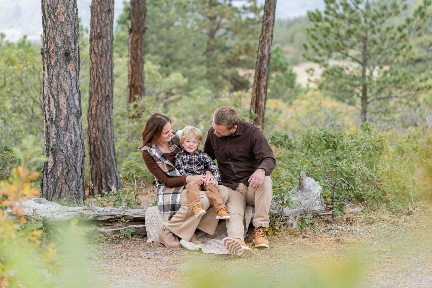 Family of three sitting on a log in a pine forest, parents smiling at their toddler in a cozy outdoor setting.