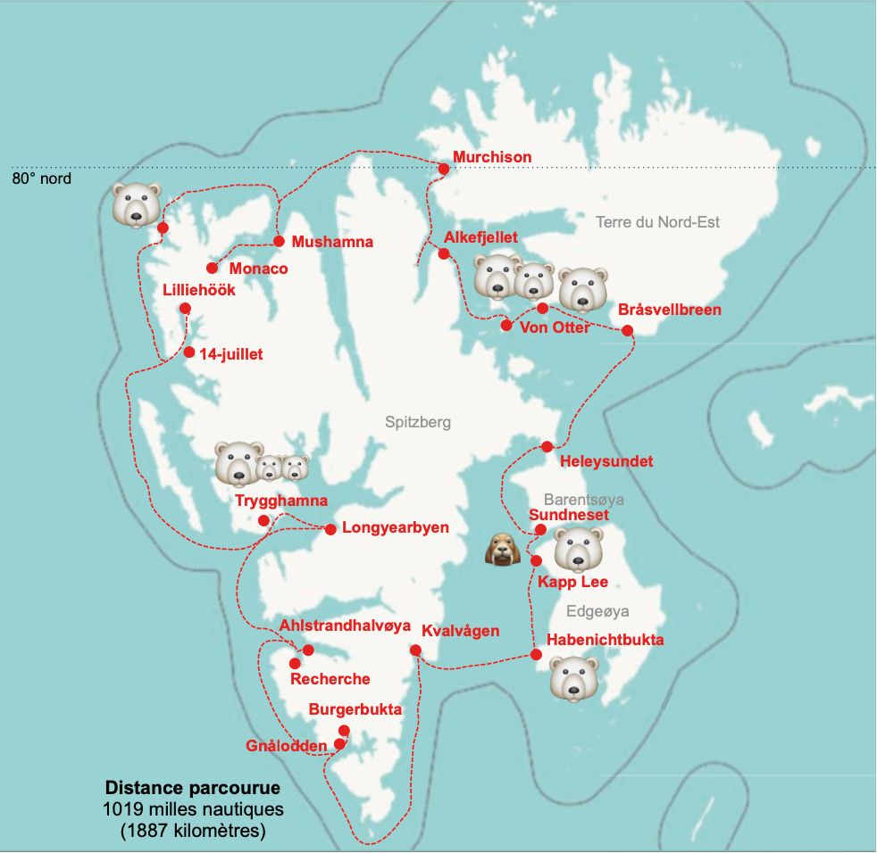 Carte du Svalabrd avec l'itinéraire de la croisière réalisée avec Latitude Blanche