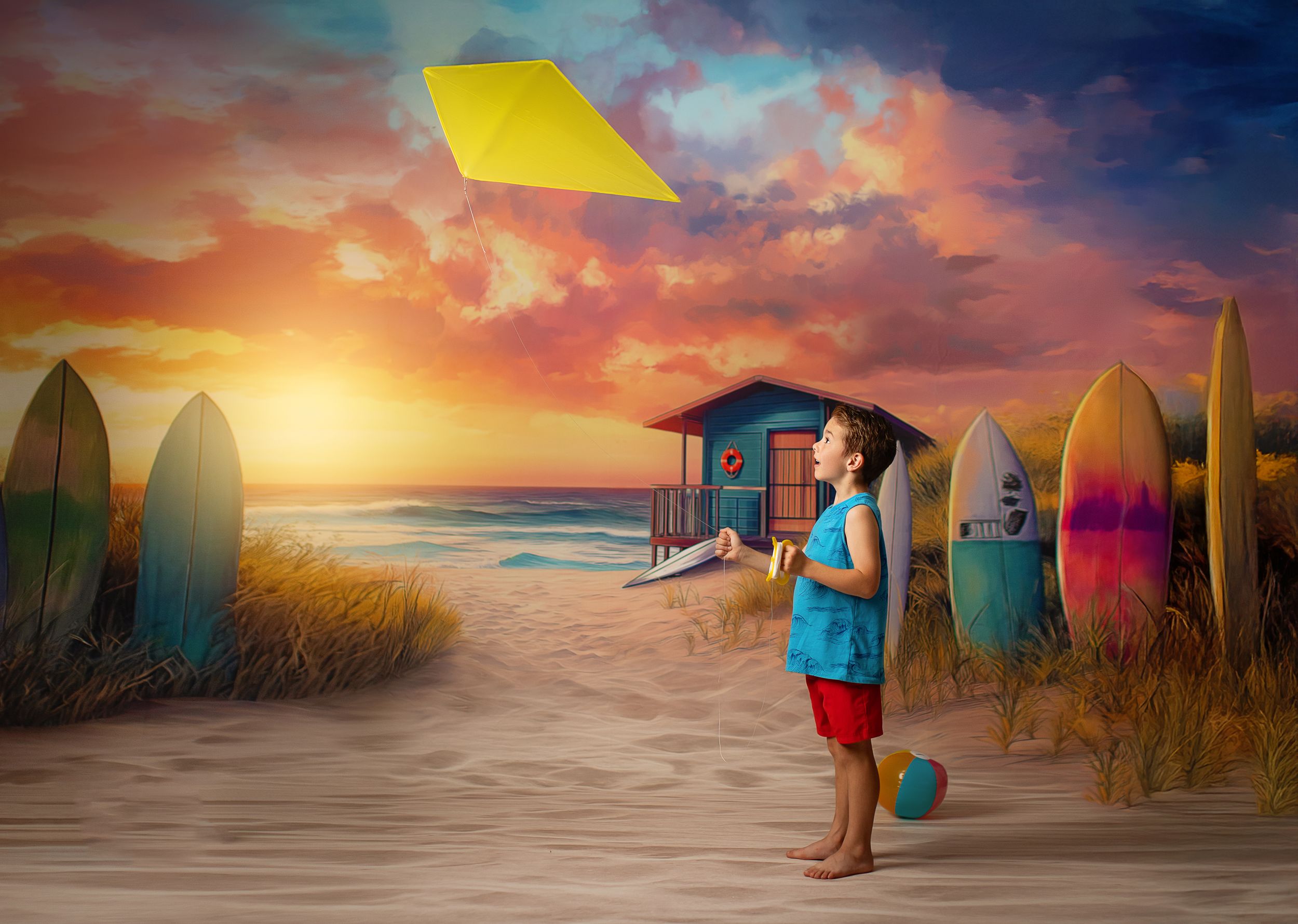 Colorful surfboards line a sandy beach at sunset with dramatic orange clouds and ocean waves in the background.
