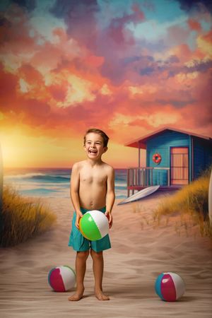 Beach scene at sunset with colorful sky, blue lifeguard tower, and playful beachball props in the sand.