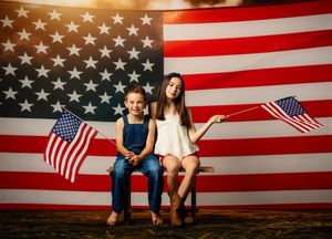 Two girls posing with American flags in front of a large US flag backdrop on Independence Day.