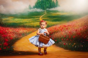 Toddler girl in Dorothy costume with basket on yellow brick road with Emerald City backdrop.