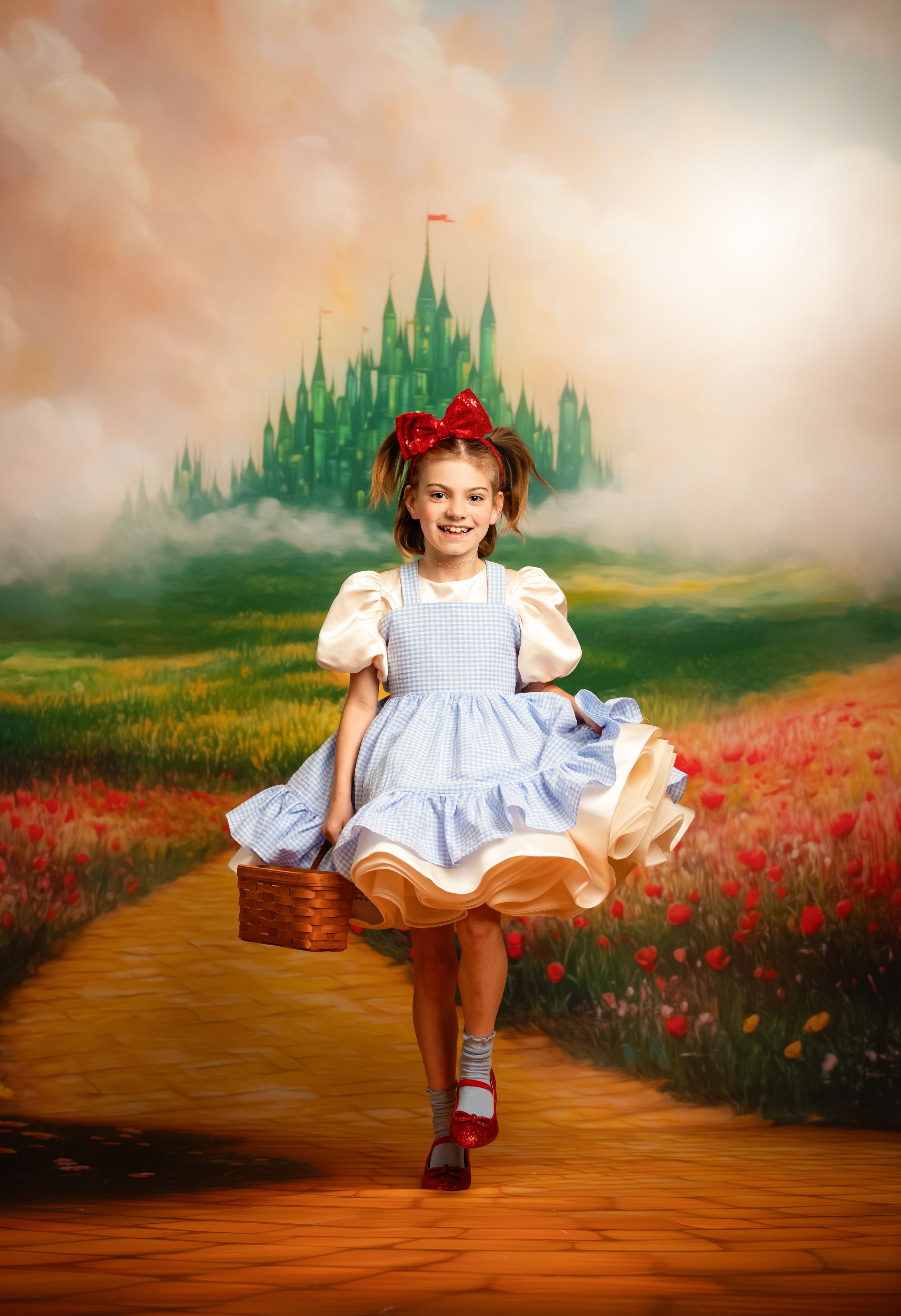 Girl in Dorothy costume runs on yellow brick road toward Emerald City in a Wizard of Oz themed portrait.