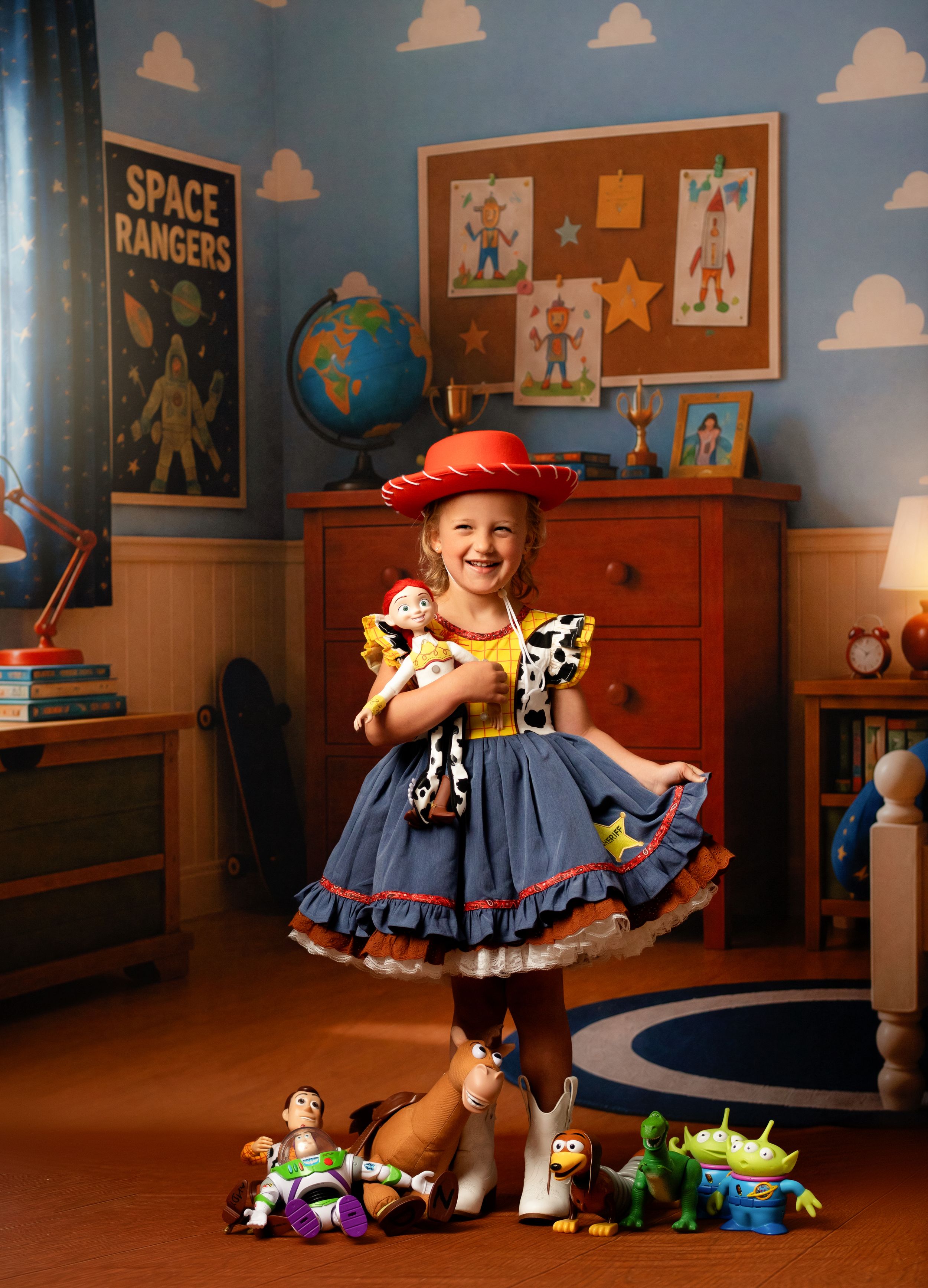 Girl dressed as Jessie from Toy Story holds doll in Andy's room with Buzz and alien toys on floor.