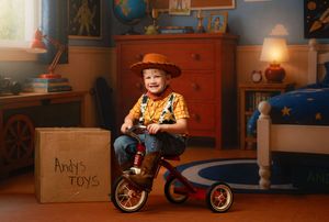 A smiling boy dressed as Woody from Toy Story sits on a tricycle next to an Andy's Toys box in a colorful bedroom.