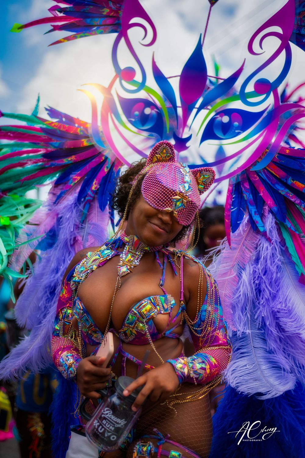 Vibrant carnival performer in colorful feathered costume with purple wings and beaded bikini top at a festive parade.