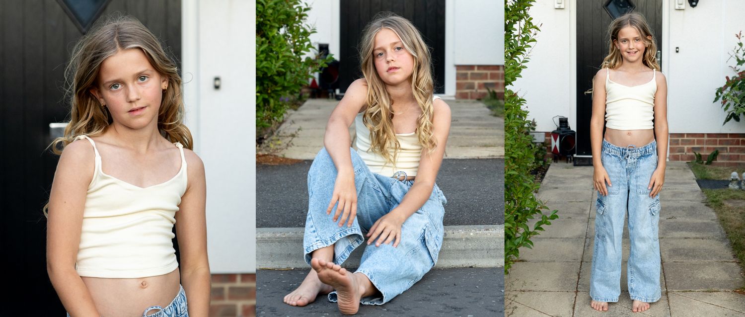 Child acting headshots and model portfolio collage of a young girl in light jeans, by an East Anglian photographer.