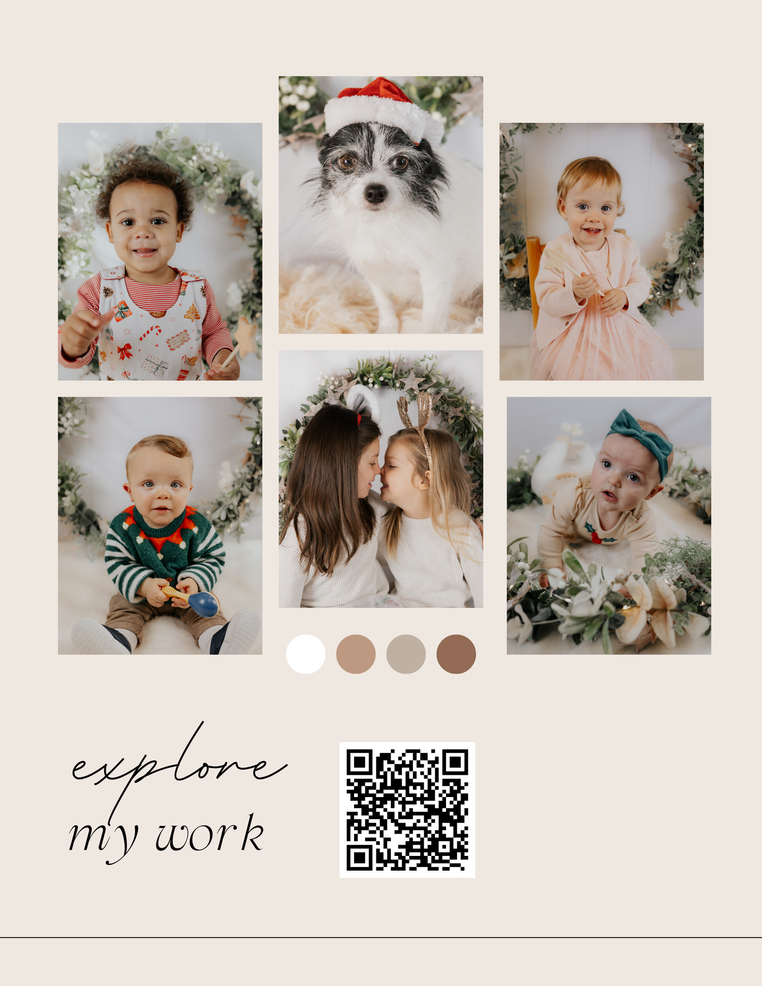 A festive photo collage featuring babies, a dog in a Santa hat, and children surrounded for Cornwall Newborn Photography Mini shoots.