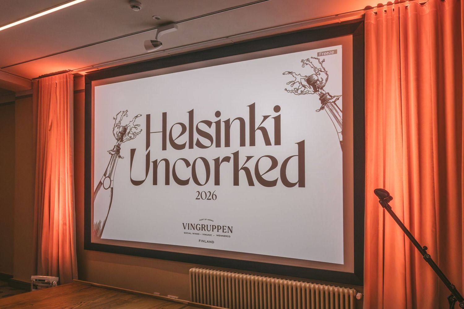 Helsinki Uncorked 2026 event screen at Sofia Helsinki during Anora’s autumn wine and spirits tasting. Photo by © Reka Peurala - Three Pod St