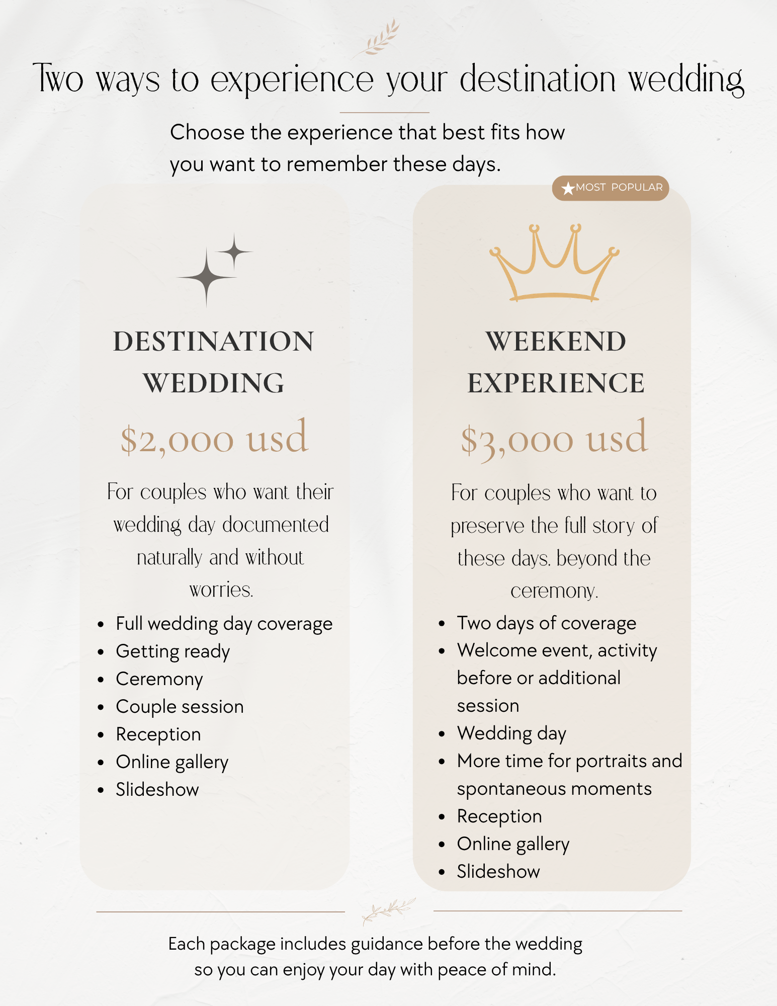 Destination wedding photography collections and coverage options for weddings across Mexico.