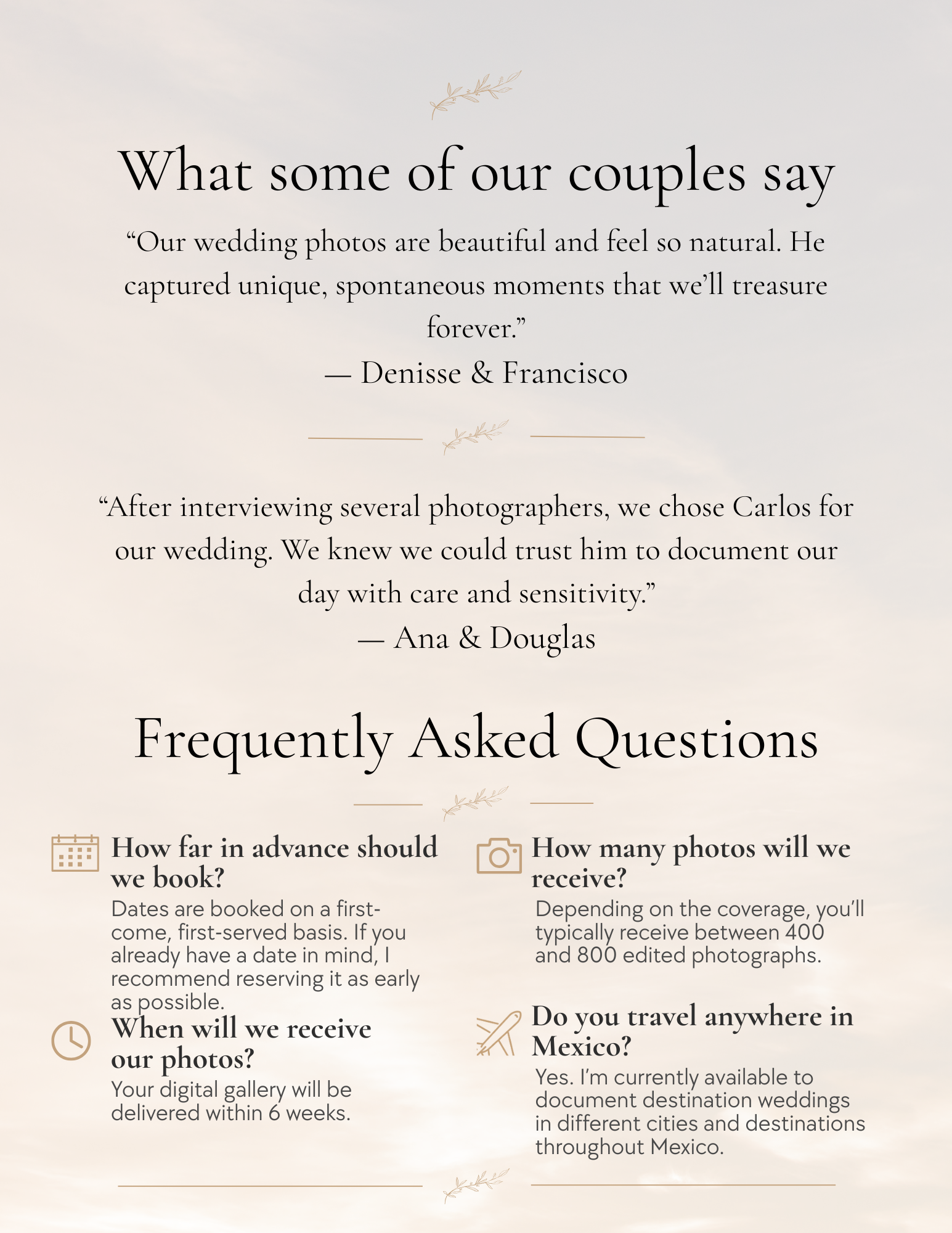 Couple testimonials and frequently asked questions about destination wedding photography with Carlos Galindo.