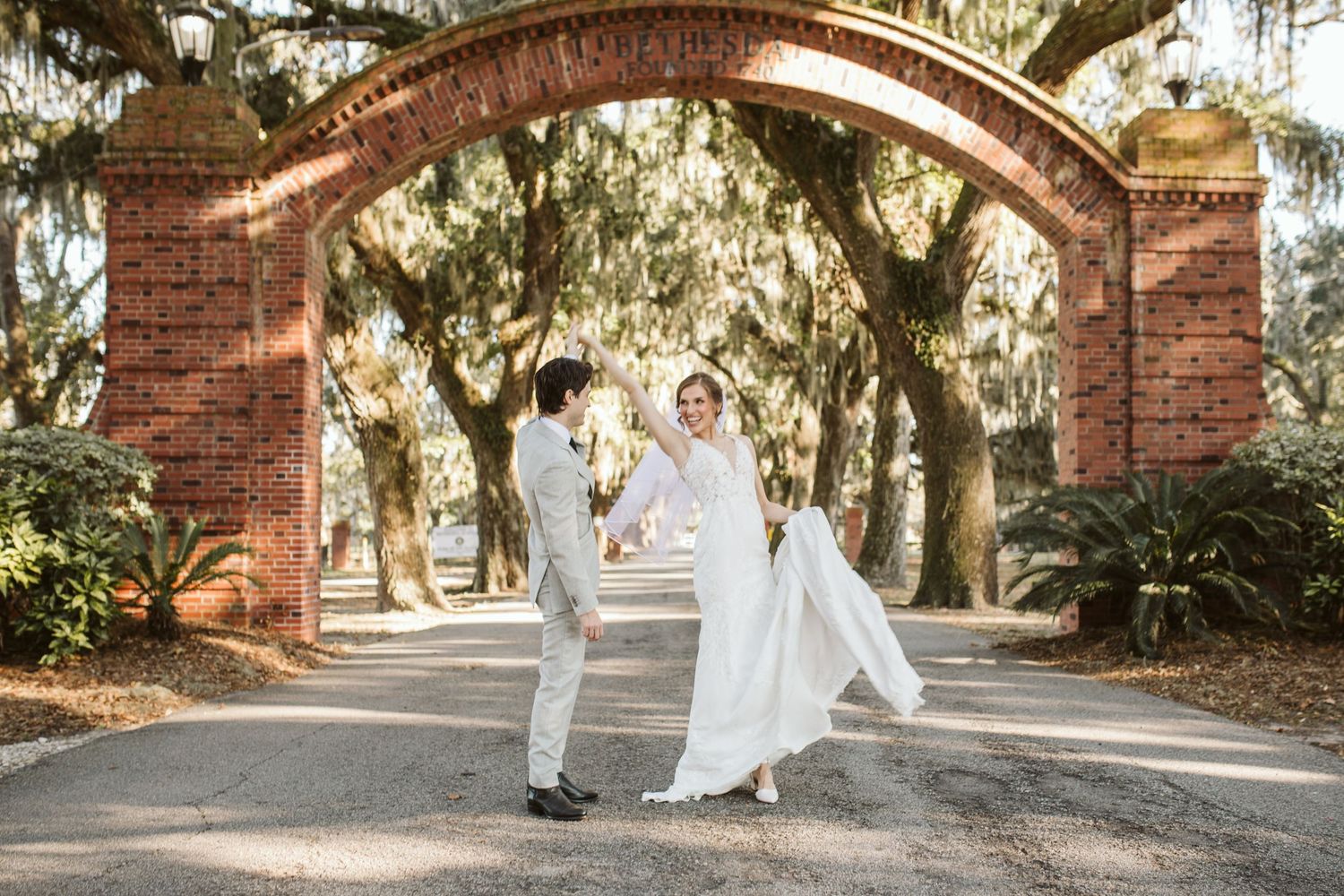 Bethesda Academy Whitefield Chapel wedding surrounded by moss-draped oak trees near Savannah Georgia
