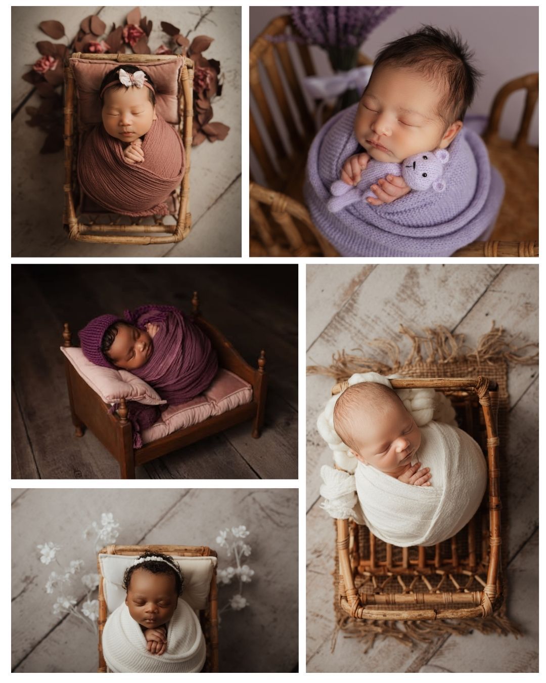Sleeping newborn baby swaddled in white wrap, wearing floral headband, resting in wicker basket with white flowers.