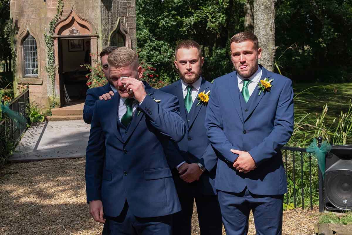 Groom cries when he sees his bride at Blaithwaite House wedding ceremony