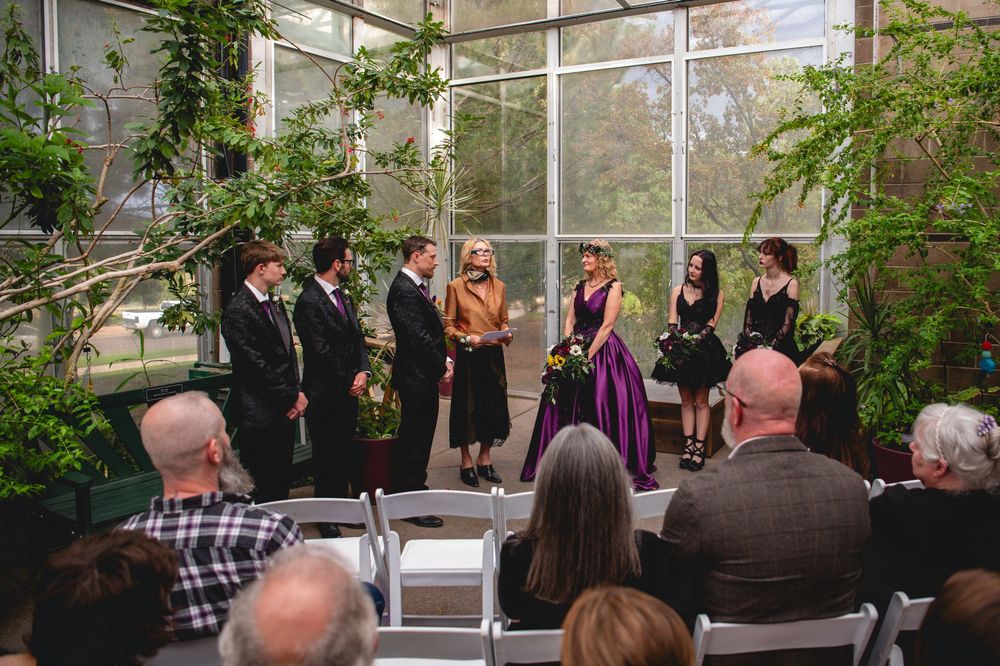Wedding ceremony in a greenhouse with bridal party in purple and black attire, surrounded by lush greenery and seated guests.