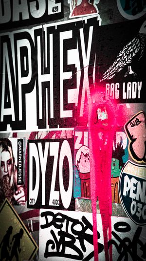 Colorful urban graffiti wall covered in stickers and tags including APHEX, DYZO, Bag Lady, and Detox with pink paint drips.