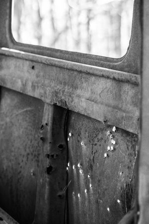 Black and white photo of a rusted, bullet-riddled abandoned vehicle door with peeling paint in a forest setting.