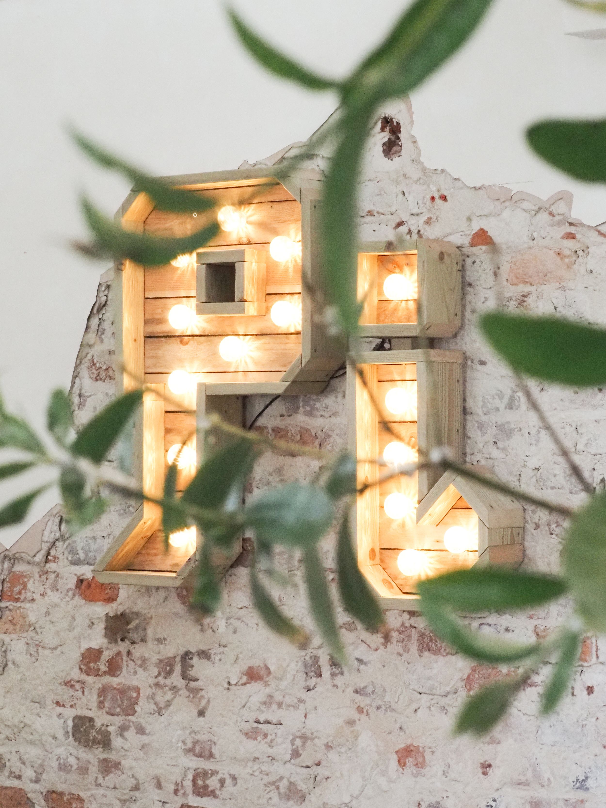 Illuminated marquee letters on a rustic exposed brick wall with olive branches in the foreground.