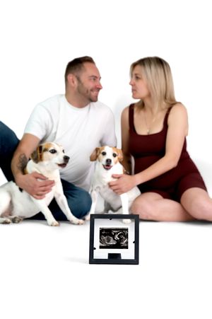 Couple sitting with two beagles holding an ultrasound photo, announcing pregnancy in a white studio setting.