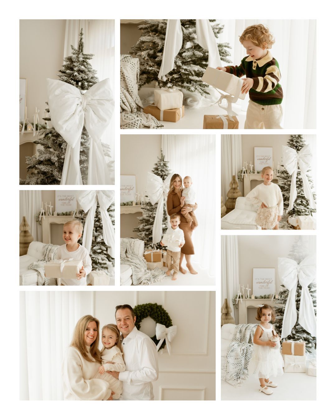 Family Christmas photo collage featuring children and parents in white outfits near decorated trees with gifts.