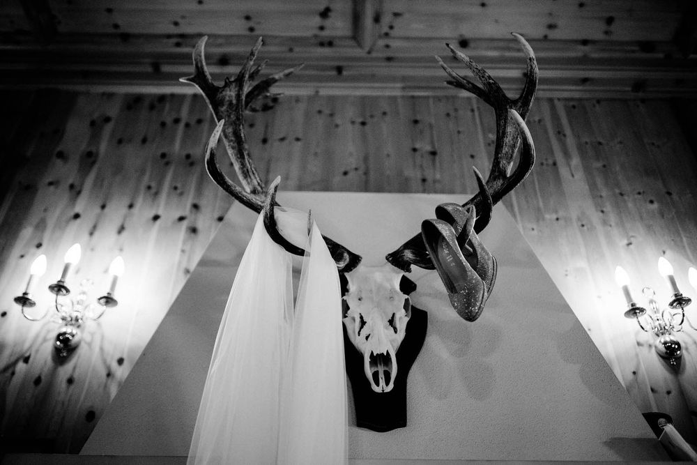 A black and white mounted deer skull with antlers hangs on a wooden wall between two wall sconces.Weiherhof Wächtersbach