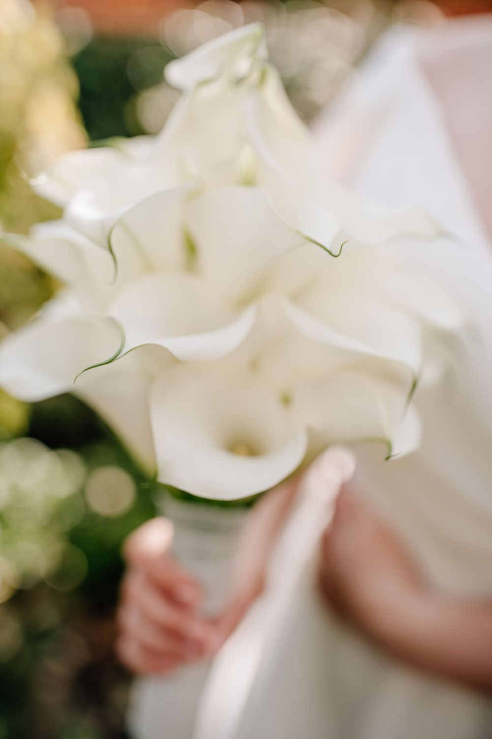 A close-up view of elegant white calla lilies in a bridal bouquet with soft bokeh background.