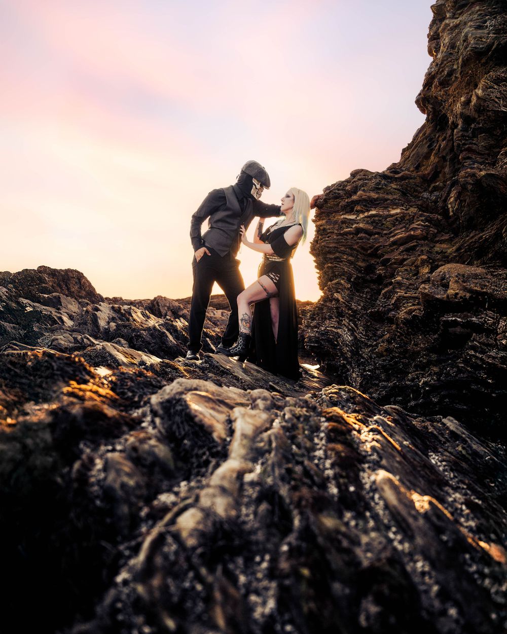 a horror themed couple near the tide pools of cystal cove california