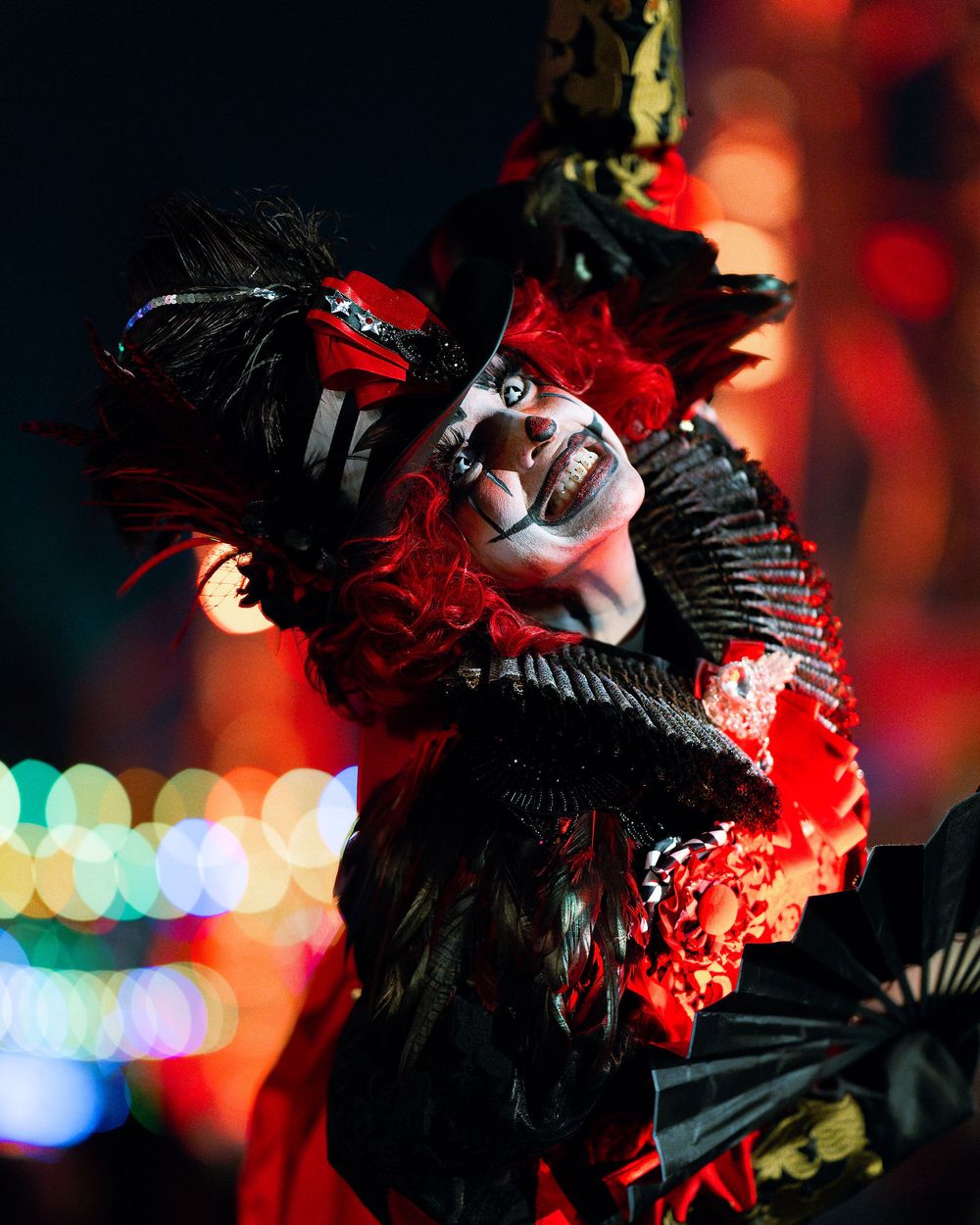a female clown ring-leader character at Knott's Scary Farm's Halloween Haunt Event in Buena Park, California