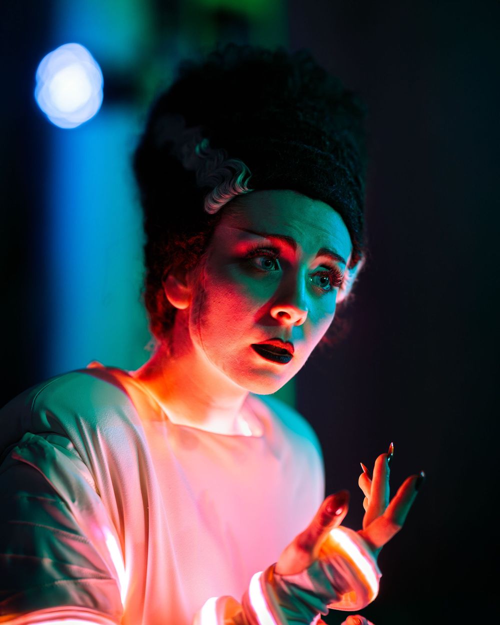 The Bride, featured at Universal Studios Backlot, lit with colorful LED lighting