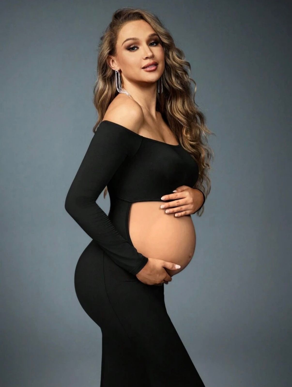 Elegant maternity photos in black dress showing different poses.