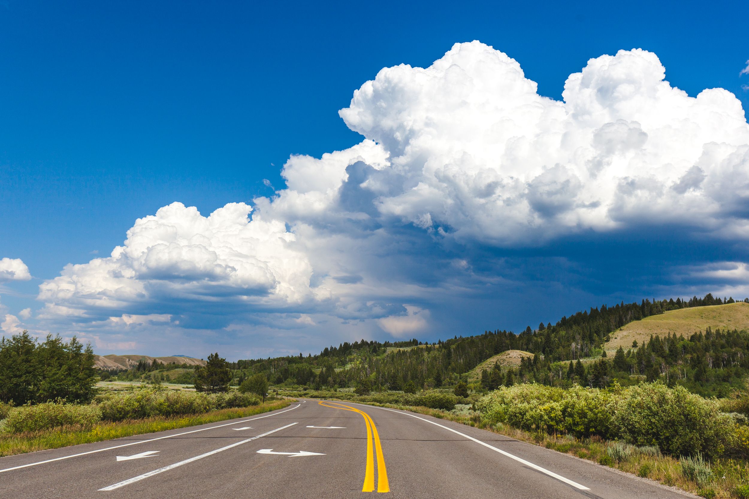 Empty highway stretches into the distance under bright blue skies with puffy white clouds.