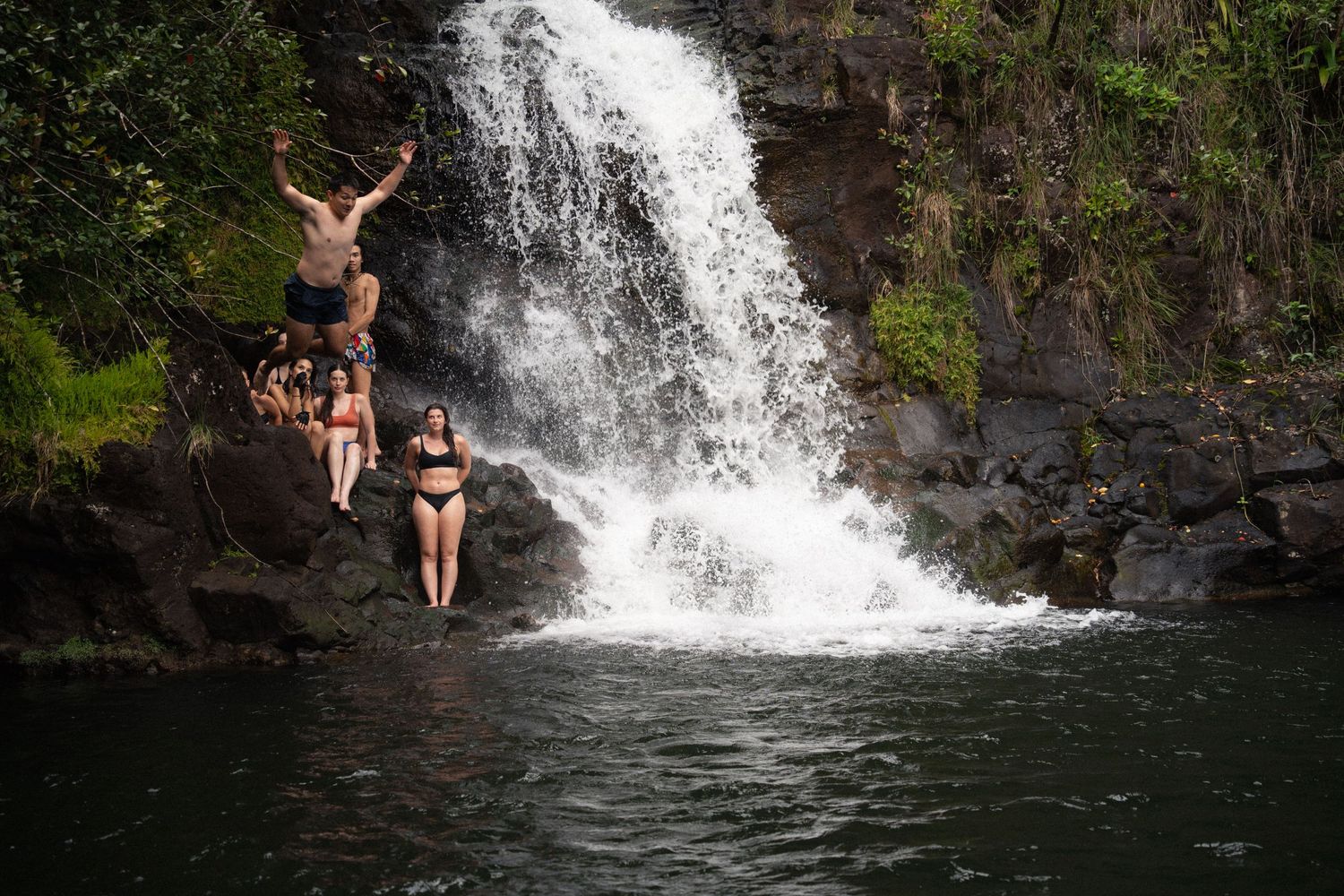 Group of swimmers enjoying a natural swimming hole beneath a cascading waterfall.