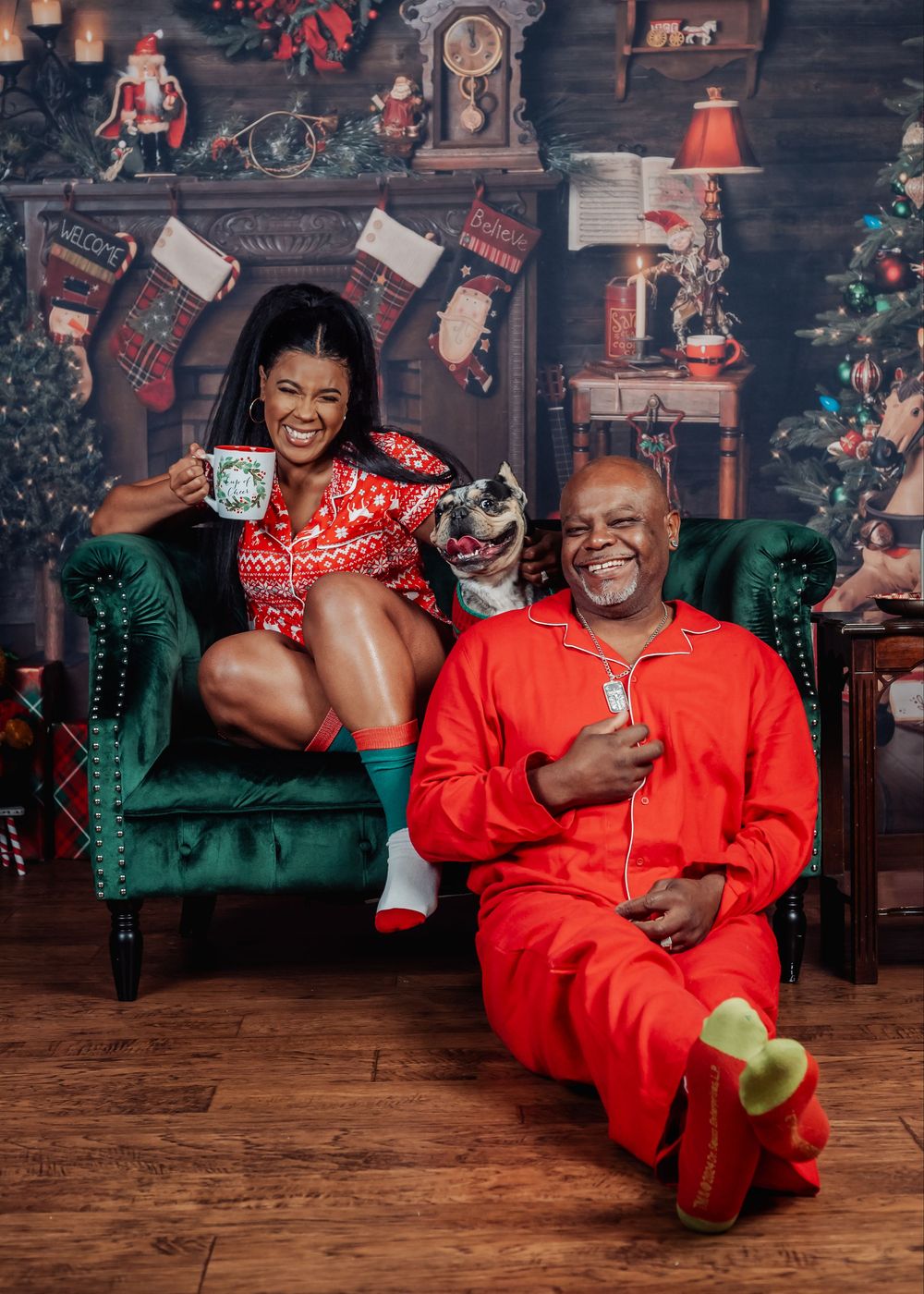 A festive holiday photoshoot series showing joyful poses in matching red and green outfits against a rustic Christmas backdrop.